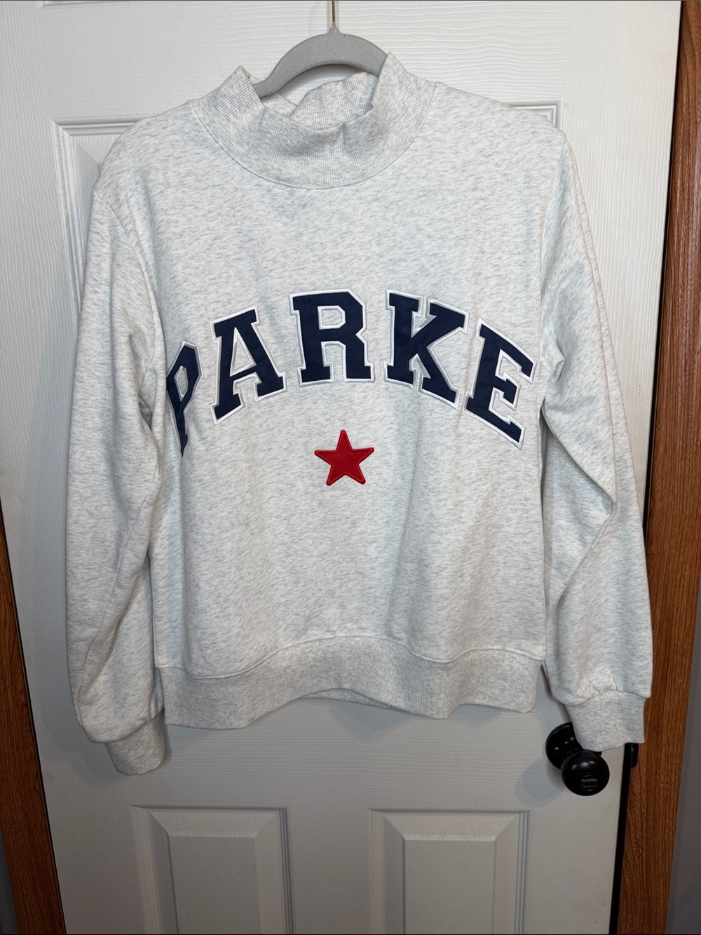 PARKE Light Gray Mock Neck Sweatshirt with Navy Lettering and Red Star
